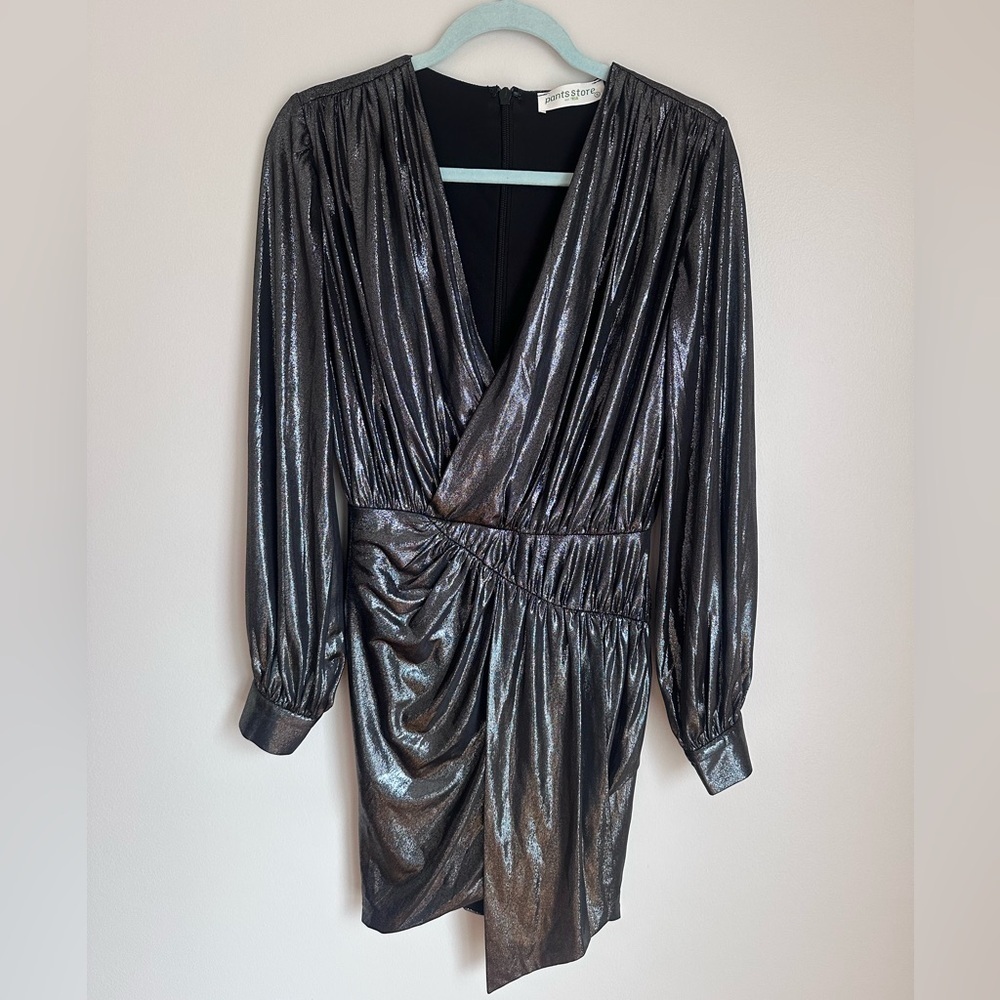 Pants Store Women’s Metallic Plunge Wrap Dress Silver Grey Size Small Zipper - Picture 2 of 8